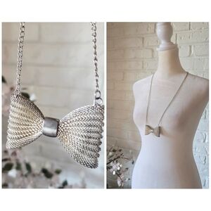 Vintage Bow Pendant Necklace, Silver Tone, Chain, Party, Casual